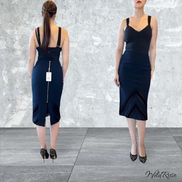 ROLAND MOURET NAVY BLUE BLACK LAC3 & VELVET PENCIL SKIRT SZ US 10 - Picture 1 of 17